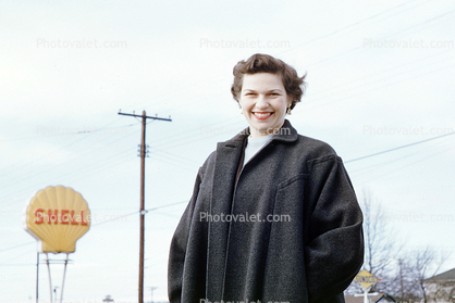 Smiling Hannah, Shell Gas Station, woman, smiling, Kiptopeke Beach Virginia, 1950s