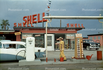 Shell Gas Station, Buick, Pump, 1950 Ford, 1950s