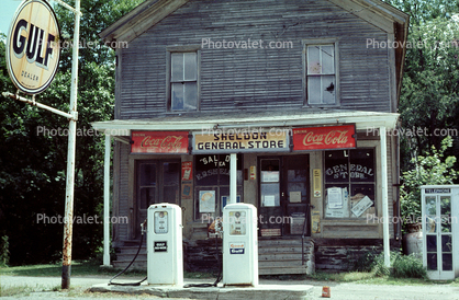 Gulf Gas Station, Sheldon General Store, Coca-Cola sign, building, telephone booth, 1960s