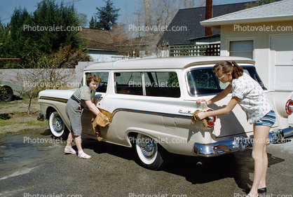 Ford Ranch Wagon, Mother and Daughter washing their car, 1950s