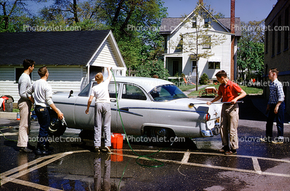 High School Students washing car, Ford, Retro, April 1958, 1950s
