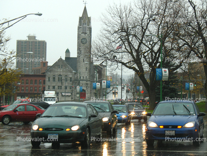 Church Clock Tower, streets, cars, automobiles, 2000's