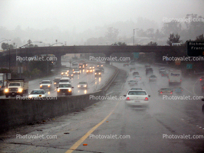 US 101 on a rainy day, Marin County, cars, 2000's