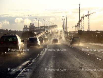 after the rain on the east span of the Bay Bridge, San Francisco Oakland Bay Bridge, traffic jam, congestion, car, sedan, Vehicle