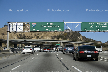 Interstate Highway I-5 north of Los Angeles, heading north, Level-C Traffic, Highway 14, Car, 2010's, freeway, cars, automobiles, vehicles