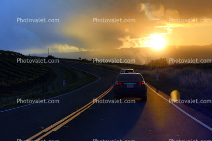 Napa County, California, Highway 121, Roadway, sunset, Car, Automobile, Coupe, 2010's