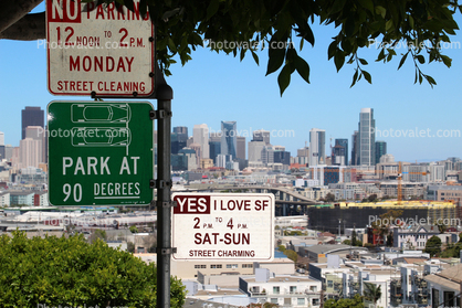 Parking signs, funny, humorous, skyline, Potrero Hill