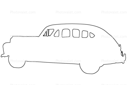 Car outline, line drawing, shape, 1947 Ford Deluxe V8, Four-Door Sedan, 1950s