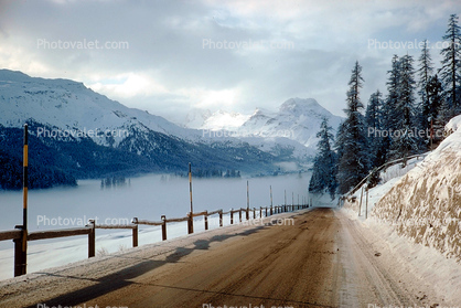 Dirt Road in the Snow, winter, lake, trees, Muren Switzerland