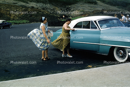 Women, 1953 Cadillac, Cabriolet, Convertible, car, vehicles, Whitewall Tires, Windy, Windblown, 1950s