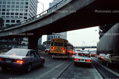 Level-F Traffic, freeway maze, School Bus, downtown Los Angeles, traffic jam