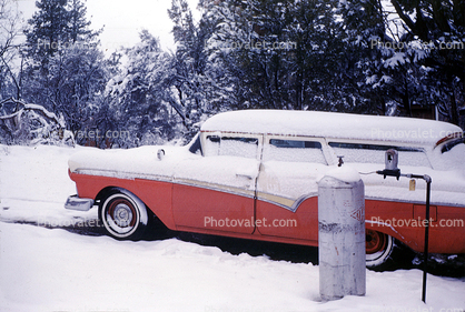 Snow Covered Ford Station Wagon, Forest, Big Bear, 1960s