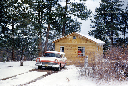 Snow Covered Ford Station Wagon, Log Cabin, Forest, Big Bear, 1960s