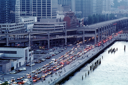 the Embarcadero Freeway, Loma Prieta Earthquake, 1989, Level-F traffic, (note the absence of electricity), 1980s
