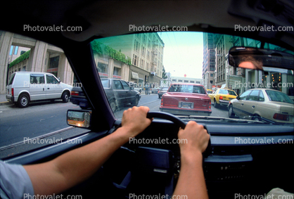 downtown, traffic Level-F, City Street, driver, hands, steering wheel, Car, Vehicle, Automobile