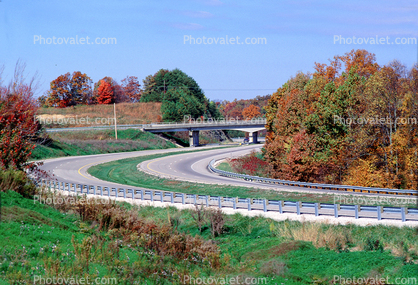 Road, Roadway, Highway 402, fall colors, trees, guardrail, curve, bridge, autumn