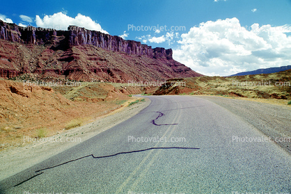 Road, Roadway, Highway 128, Castle Valley, east of Moab Utah, geologic feature, mesa, clouds