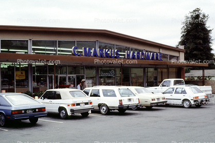 store, cars, sedan, automobile, vehicles, 1970s