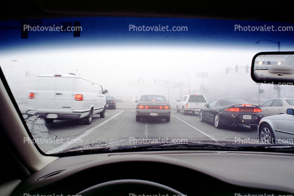 Foggy driving conditions, car, sedan, automobile, vehicles, mirror