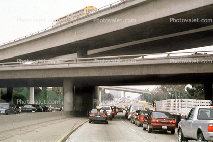 Interstate Highway I-10 and I-405 freeway overpass, Level-F traffic, cars, traffic jam