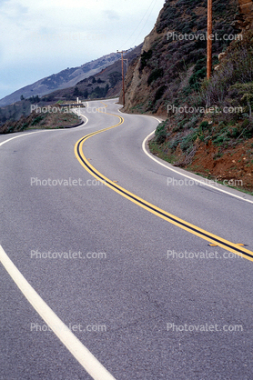 Double Yellow Line, Divide, Road, Roadway, Highway, S-curve, PCH, Pacific Coast Highway-1