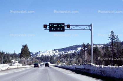Interstate Highway I-80, Road Info AM 1610, Roadway, Sierra-Mountains, snow, ice, cold, trees, forest
