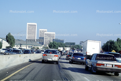 Interstate Highway I-405, Freeway, Highway, Interstate, Road, cars, traffic jam, buildings