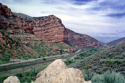 Canyon, Railroad Tracks, Scenic Road, Roadway, Highway