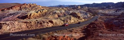 Valley of Fire, east of Las Vegas Nevada, Road, Roadway, Highway, Panorama, Cars, automobiles, vehicles