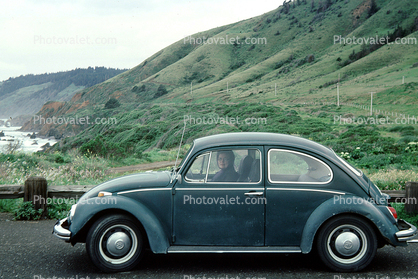 Volkswagen Bug, Beetle, automobile, PCH, near Fort Bragg, Mendocino County