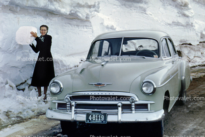 Chevrolet sedan, Woman, Car, sedan, snow, Vehicle, 1951, 1950s