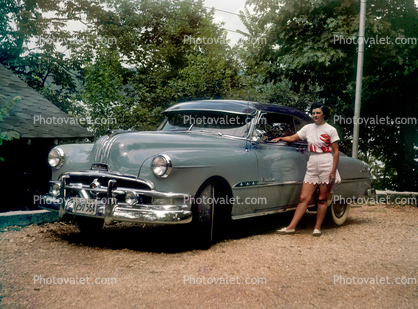 1951 Pontiac Chieften, automobile, Woman, shorts, 1952, 1950s