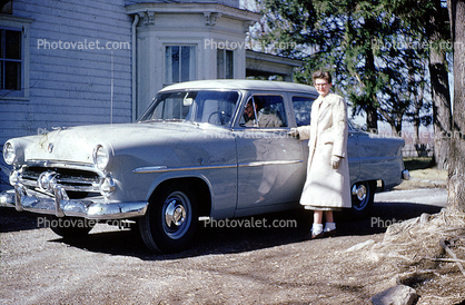 Ford, Parked Car, Woman, Female, Coat, automobile, Larchmont, Long Island New York, 1947, 1940s