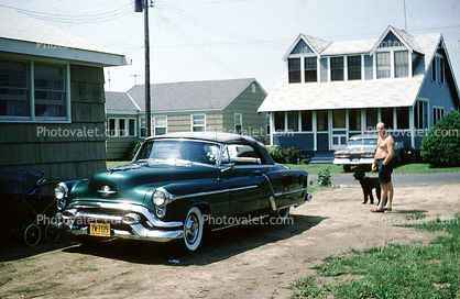 Oldsmobile, Parked Car, Driveway, Convertible, Home, house, building, man, Long Island New York, 1950s