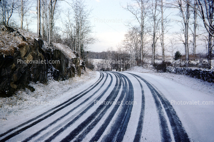 Curvy, Bare Trees, Highway, Tracks, Snow, Ice, Winter, road, street, 1954, 1950s