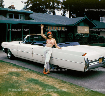 Cadillac, Girl, Waving, pants, car, Vehicle, Automobile, August 1968, 1960s