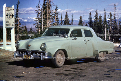 Studebaker 4-Door Sedan, car, vehicle, Continental Divide, Colorado, trees, October 1955, 1950s