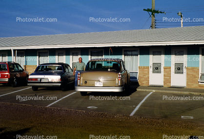 Checker Car, Automobiles, Vehicles, Motel, man, parking, 1970s