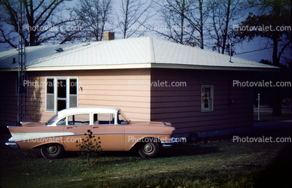 1957 Chevy Bel Air, Car, house, home, building, 1950s