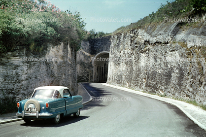 Nash Metropolitan, road, tunnel, car, automobile, 1950s