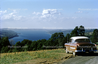 1954 Chevy Bel Air, car, automobile, sedan, lake, 1950s