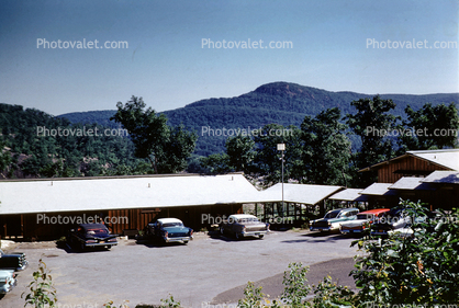 Motel, building, Cars, Chevy Impala, Oldsmobile, Ford, automobile, hills, 1959, 1950s