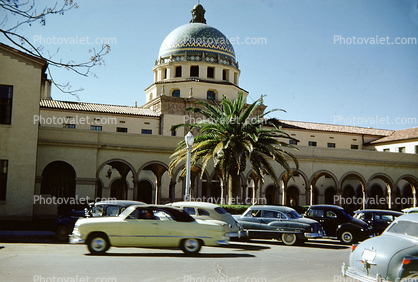 Cars, sedan, Domed building, ornate, 1950s