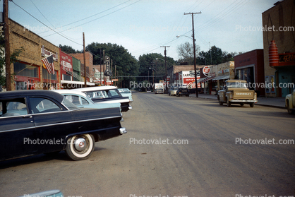 Main Street anytown, Cars, Chevrolet Pickup Truck, California, November 1958, 1950s