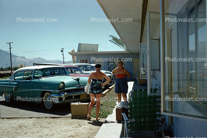 Ford Mercury, Cars, building, motel, women, 1950s