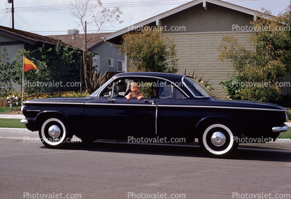 Chevy Corvair, car, automobile, funny boy, child, house, home, suburbia, 1960, 1960s