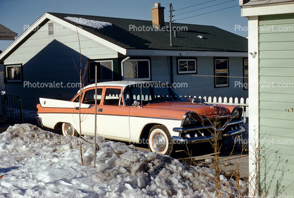 Dodge Custom Royal, car, house, snow, four-door sedan, 1959, 1950s