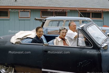 Mother, Father, Son, Ford Coupe, two-door, 1950s