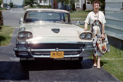 Ford Fairlane, Woman, formal dress, shiny new car, 1958, 1950s