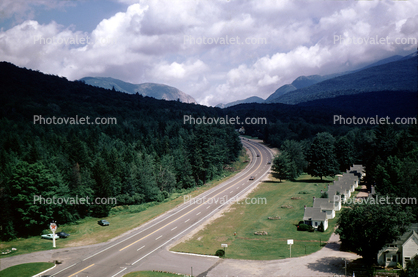 Highway, road, forest, mountains, motel, cabins, Texaco gas station, July 1972, 1970s